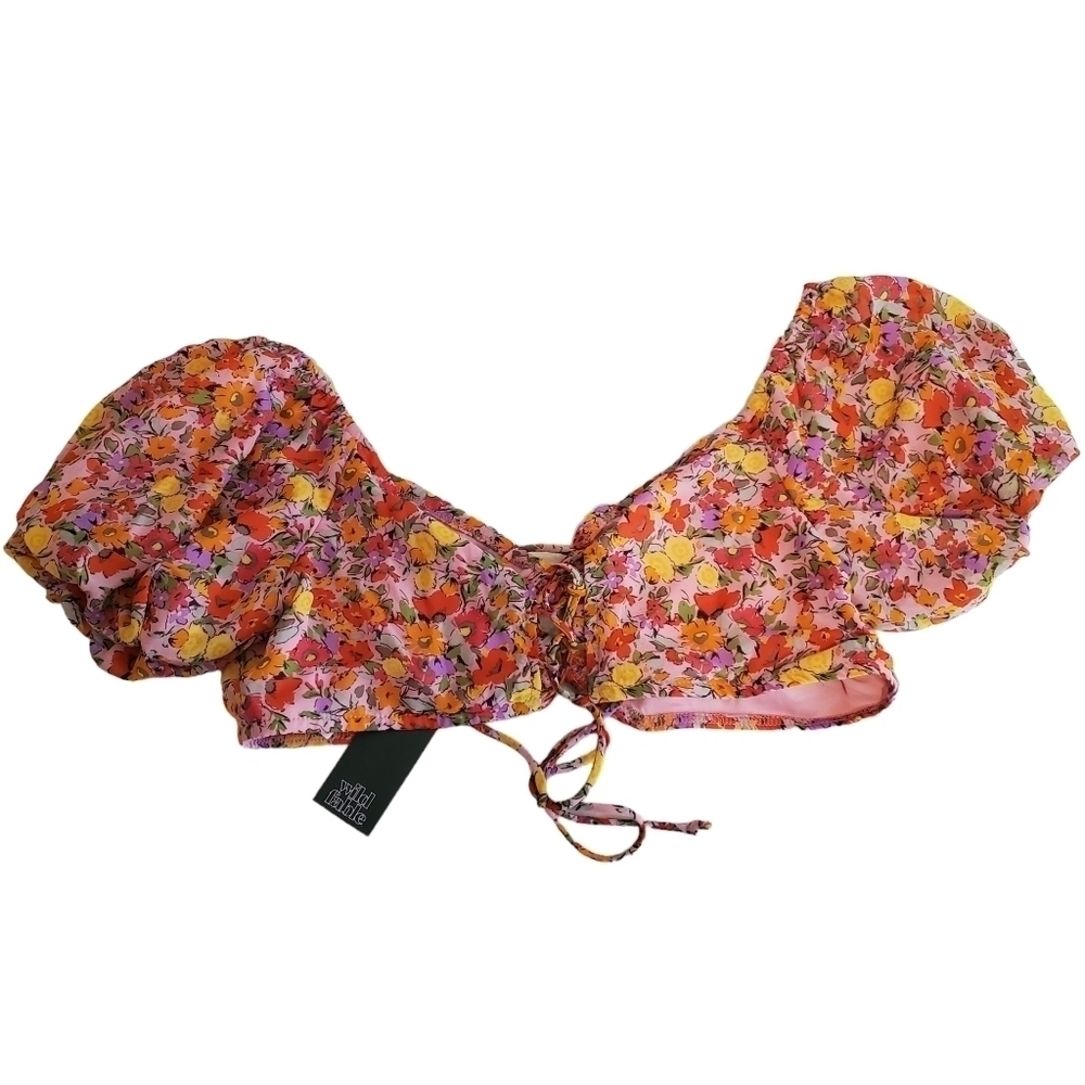 WILD Fable Crop Top XL Pink Orange Floral Lace up Back Puff‎ Sleeves Cottage NEW